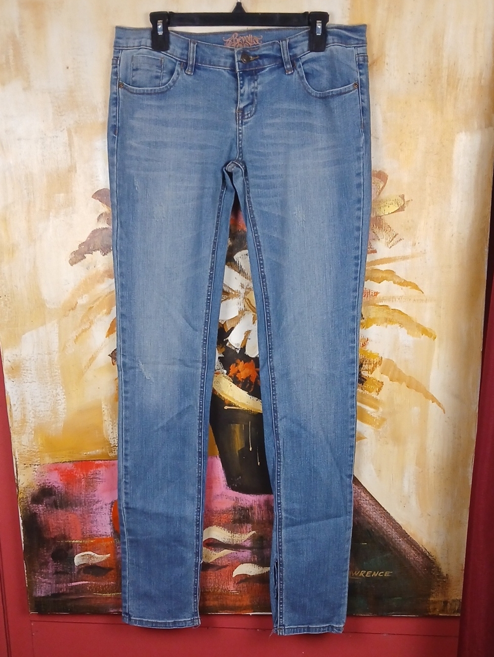 Revolt Medium Wash Distressed Skinny Jeans Size 9 with Ankle Slits
